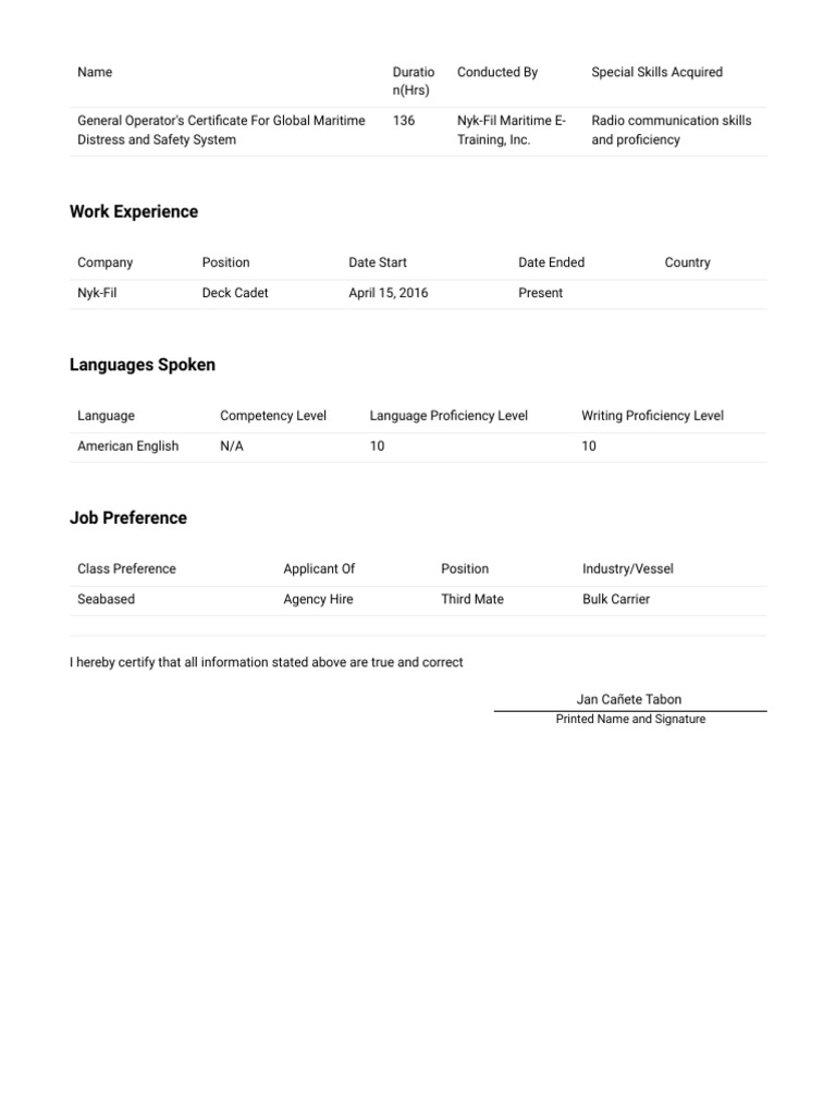 Work Experience: Printed Name and Signature | PDF