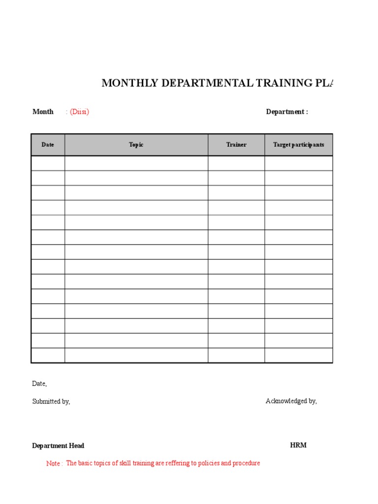 Monthly Department Training Plan Template | PDF