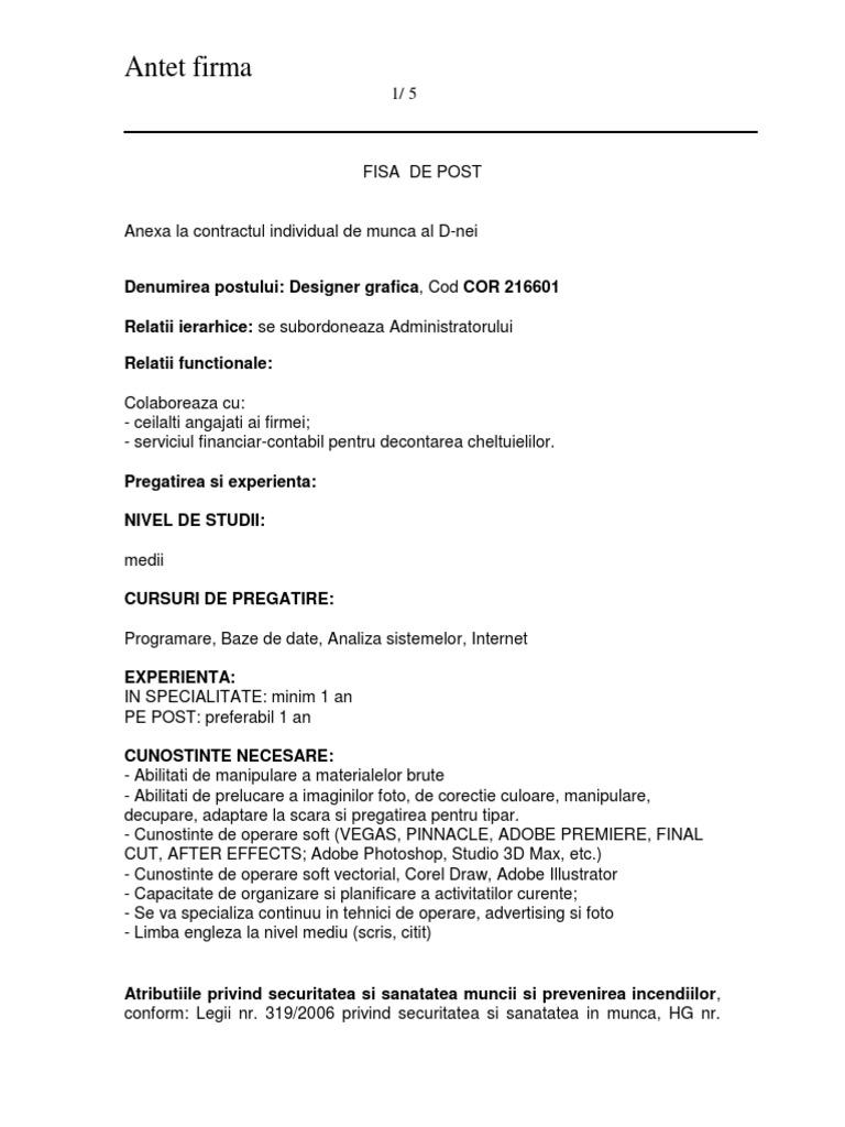 Fisa De Post Designer Grafica Cod Cor 216601