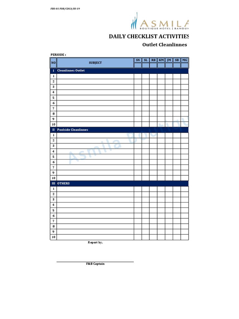 Daily Checklist Activities (Captain) : Outlet Cleanlinnes | PDF