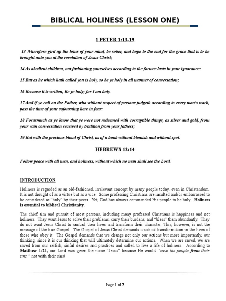 Biblical Holiness Lesson 1 | PDF | Sanctification | Sacred