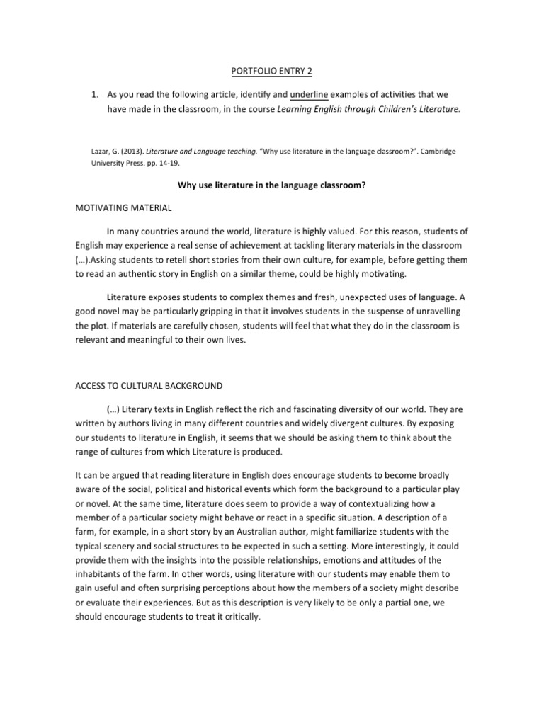Why Use Literature in The Language Classroom PDF Language