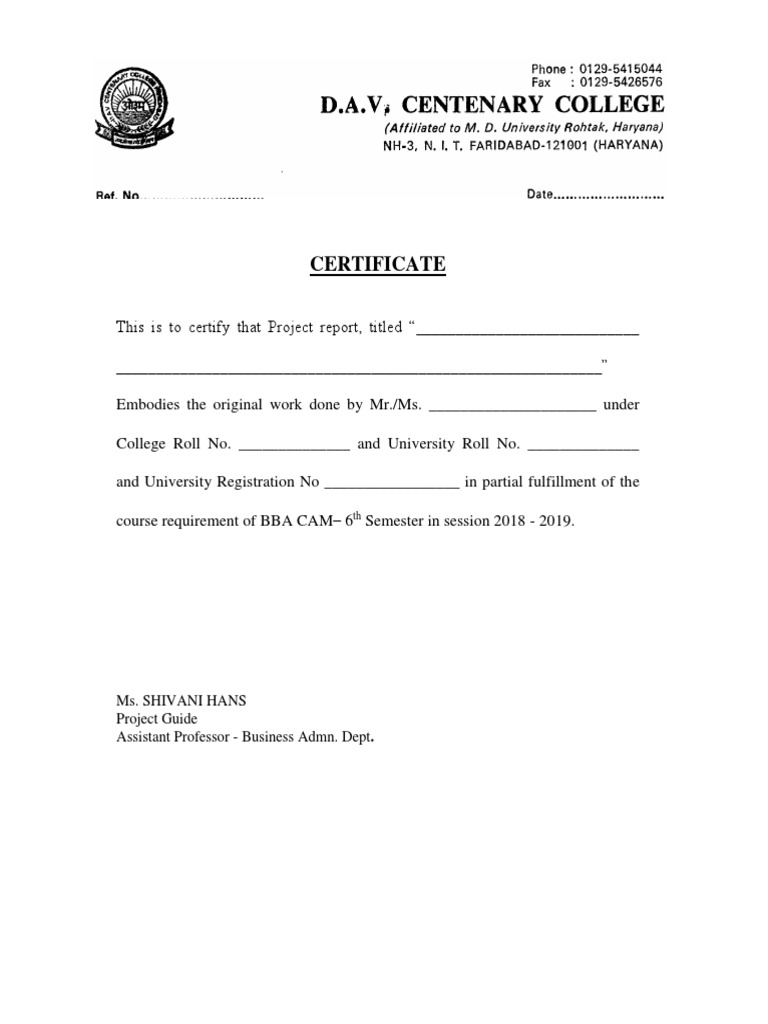 BBA Project Report Certification Template | PDF