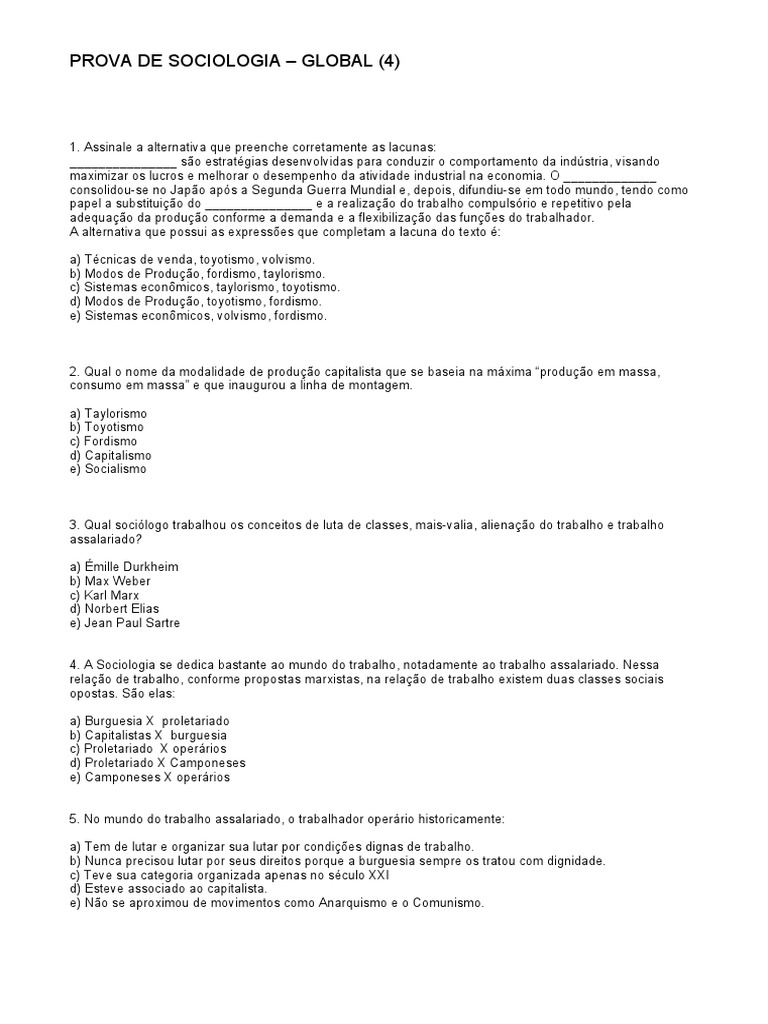 Prova de Sociologia | PDF | Sociologia | Estratificação social