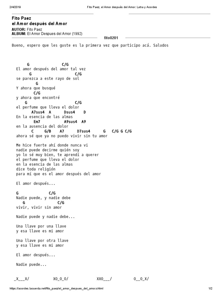 Fito Paez, El Amor Después Del Amor Letra y Acordes PDF Álbumes