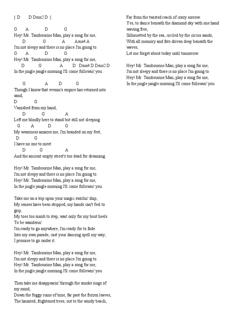 Mr Tambourine Man Chords Lyrics