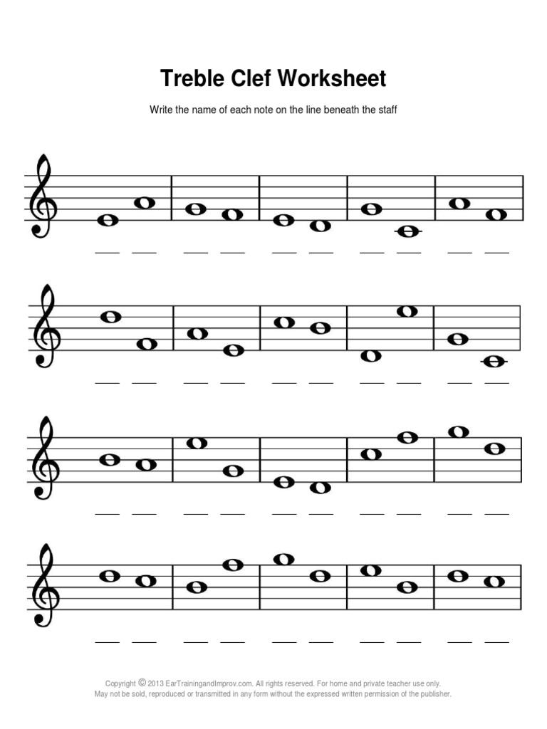 Treble Clef Worksheet Black and White Intended For Treble Clef Notes Worksheet