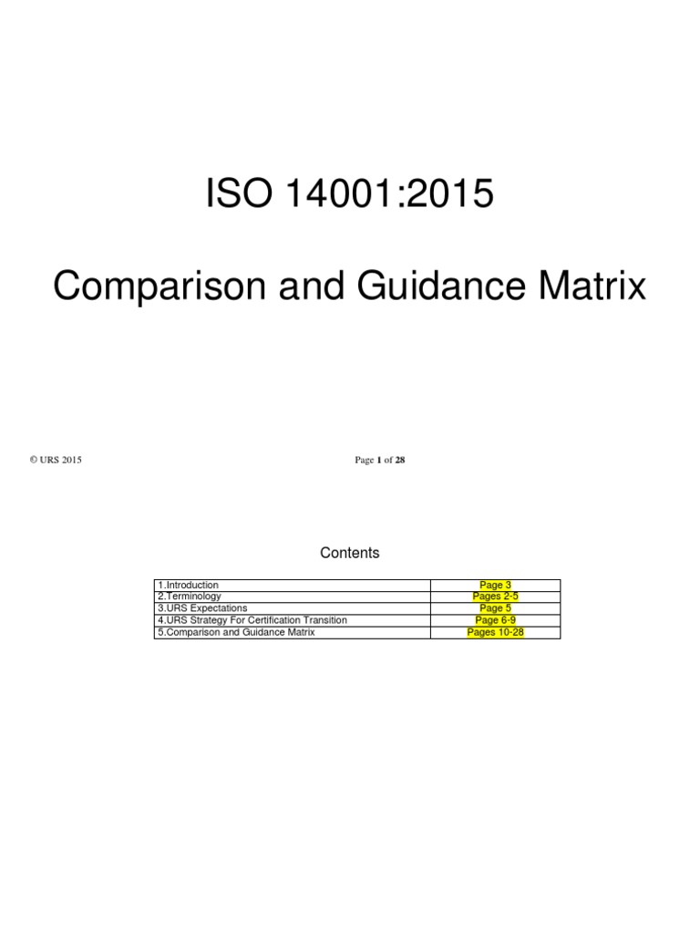 ISO 14001:2015 Comparison and Guidance Matrix: © URS 2015 Page 1 of 28 ...