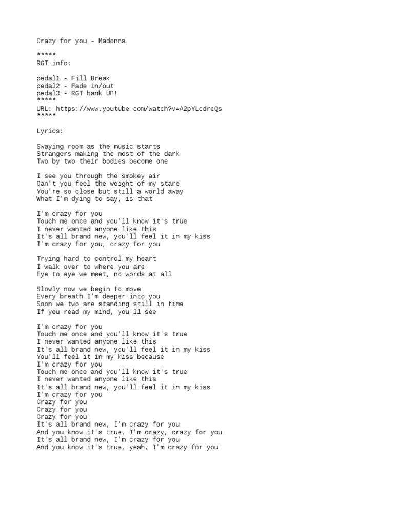 Madonna Crazy For You Lyrics Youtube