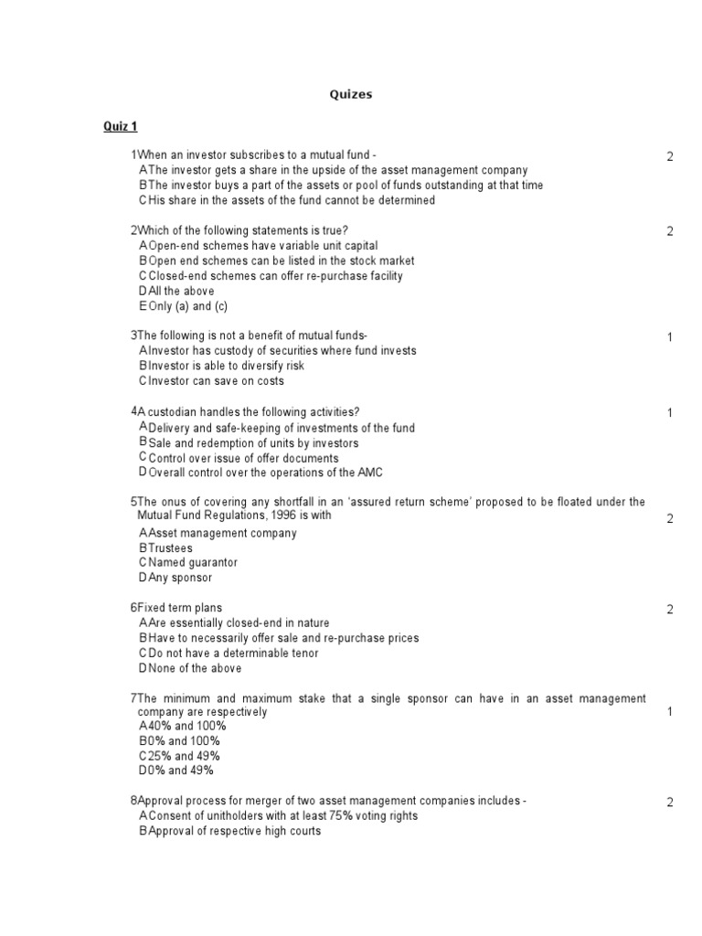 AMFI Exam Quiz Questions and Answers | PDF | Mutual Funds | Bonds (Finance)