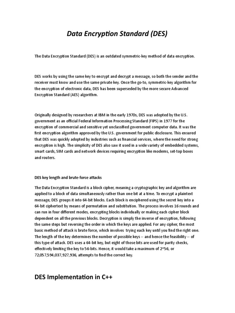 Data Encryption Standard (DES) : DES Implementation in C++ | PDF ...