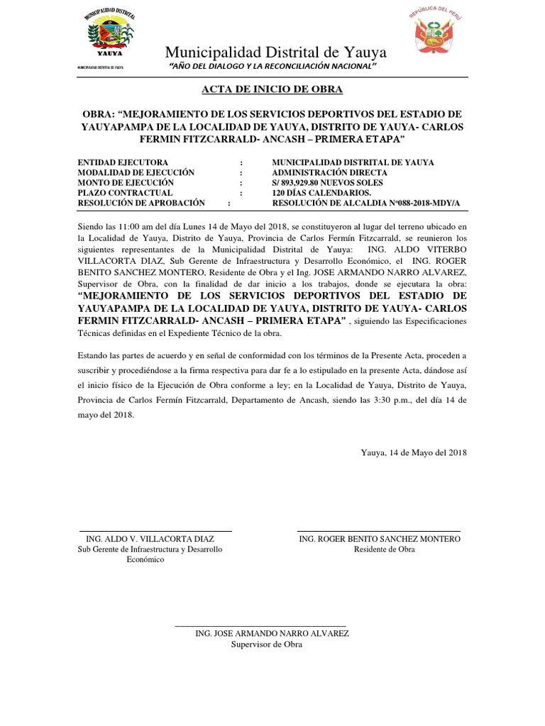 ACTA DE INICIO DE OBRA.docx  Gobierno  Política