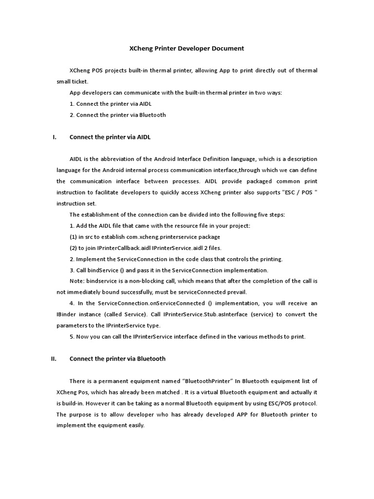 XCheng Printer Integration Guide | PDF | Bluetooth | Interface (Computing)