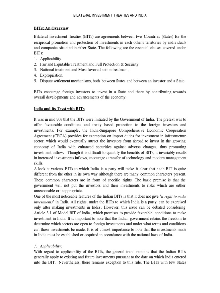 Bilateral Investment Treaties and India Download Free PDF Most