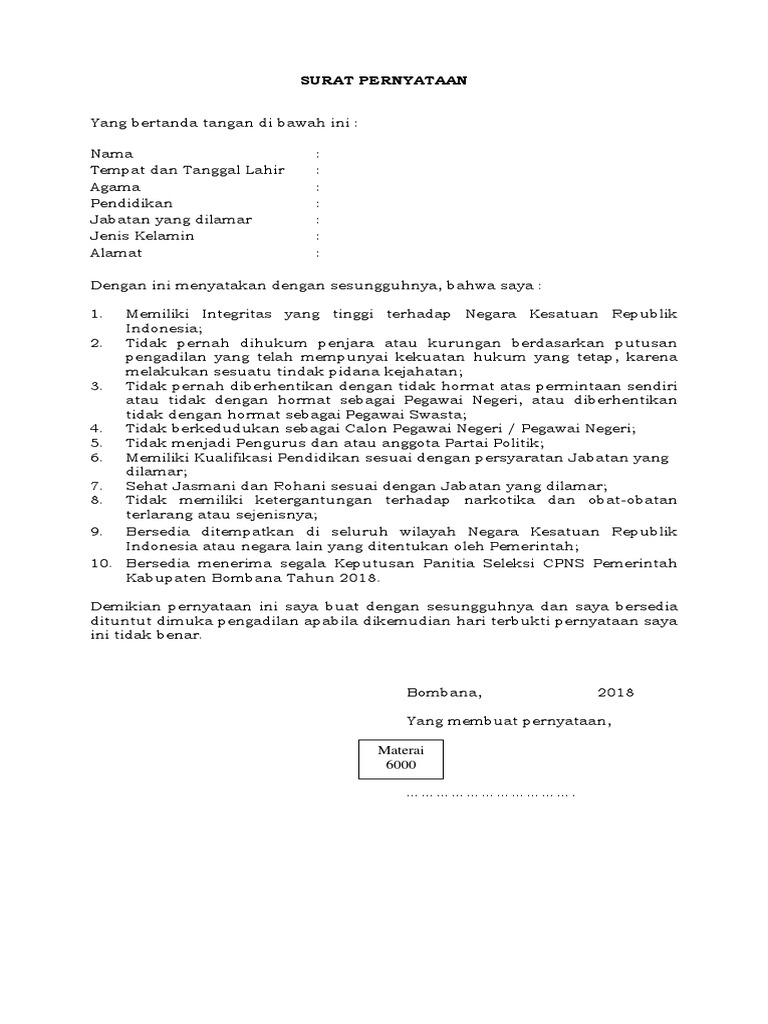 Contoh Surat Pernyataan 10 Poin Word Docx