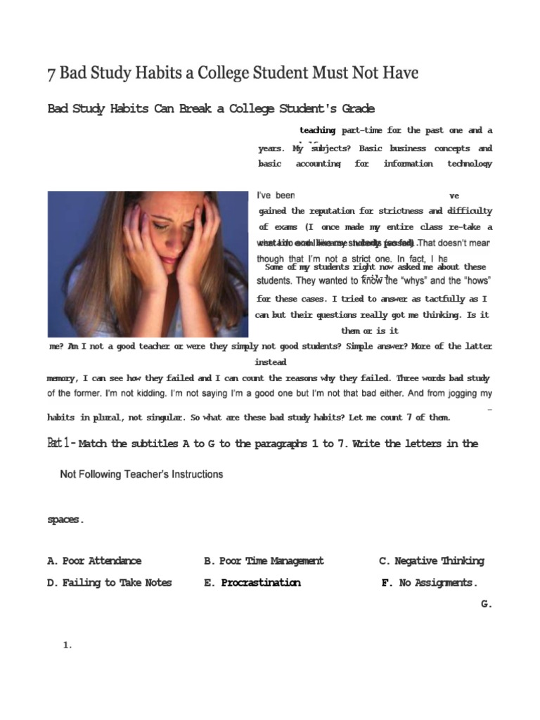 Bad Study Habits Can Break A College Student's Grade: Part 1 | PDF ...