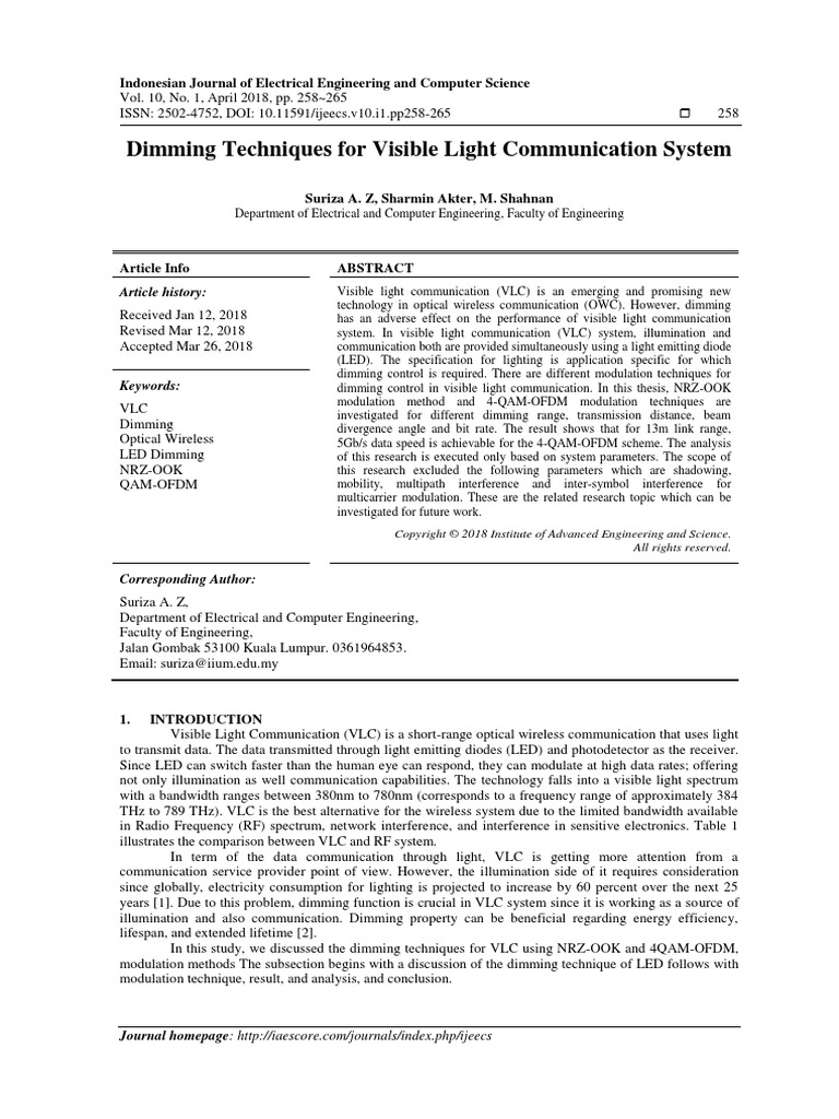 Dimming Techniques For Visible Light Communication System PDF
