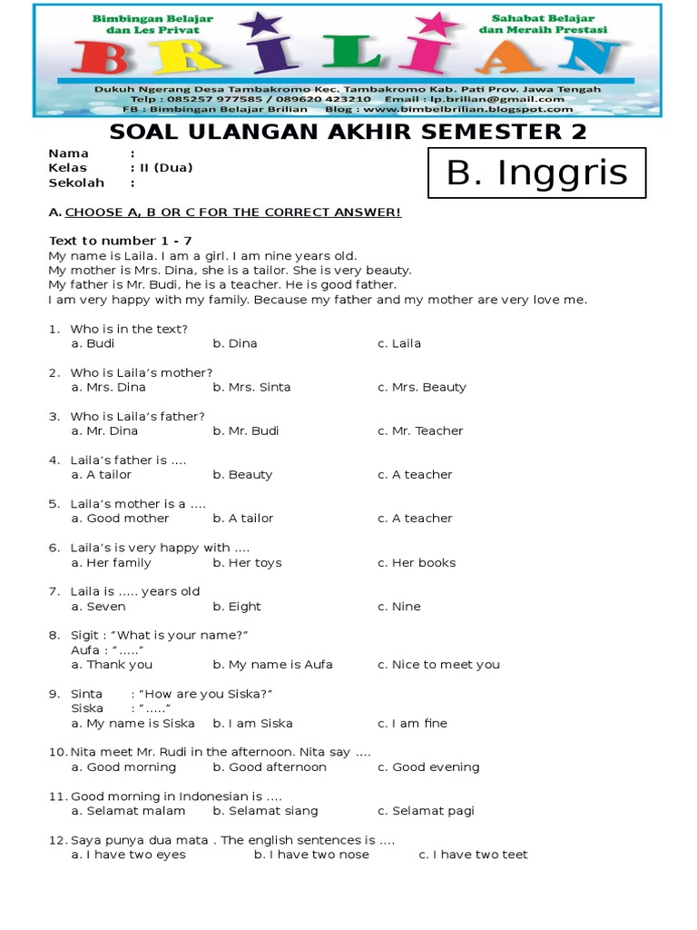 soal essay bahasa inggris kelas 2 sd semester 2