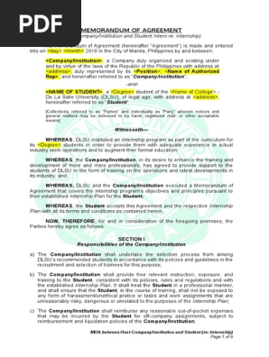 Internship Memorandum of Agreement Between Student and Company