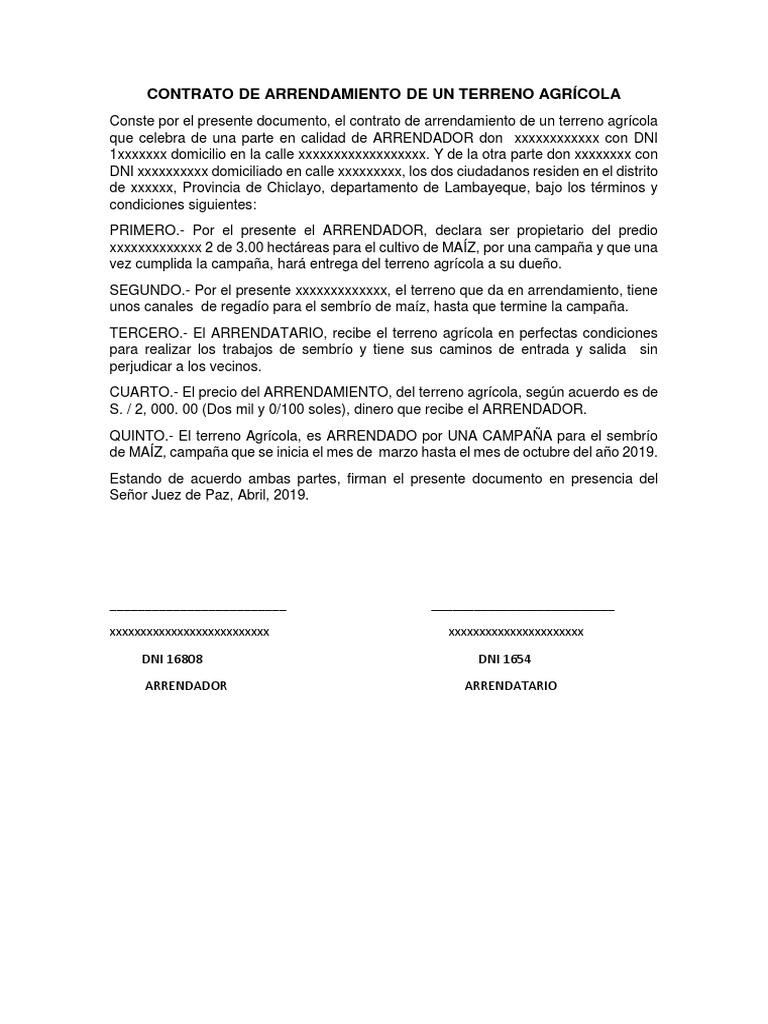 Contrato de Arrendamiento de Un Terreno Agrícola | PDF