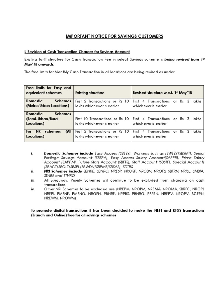 Revisions to Cash Transaction Limits and Introduction of New Charges ...