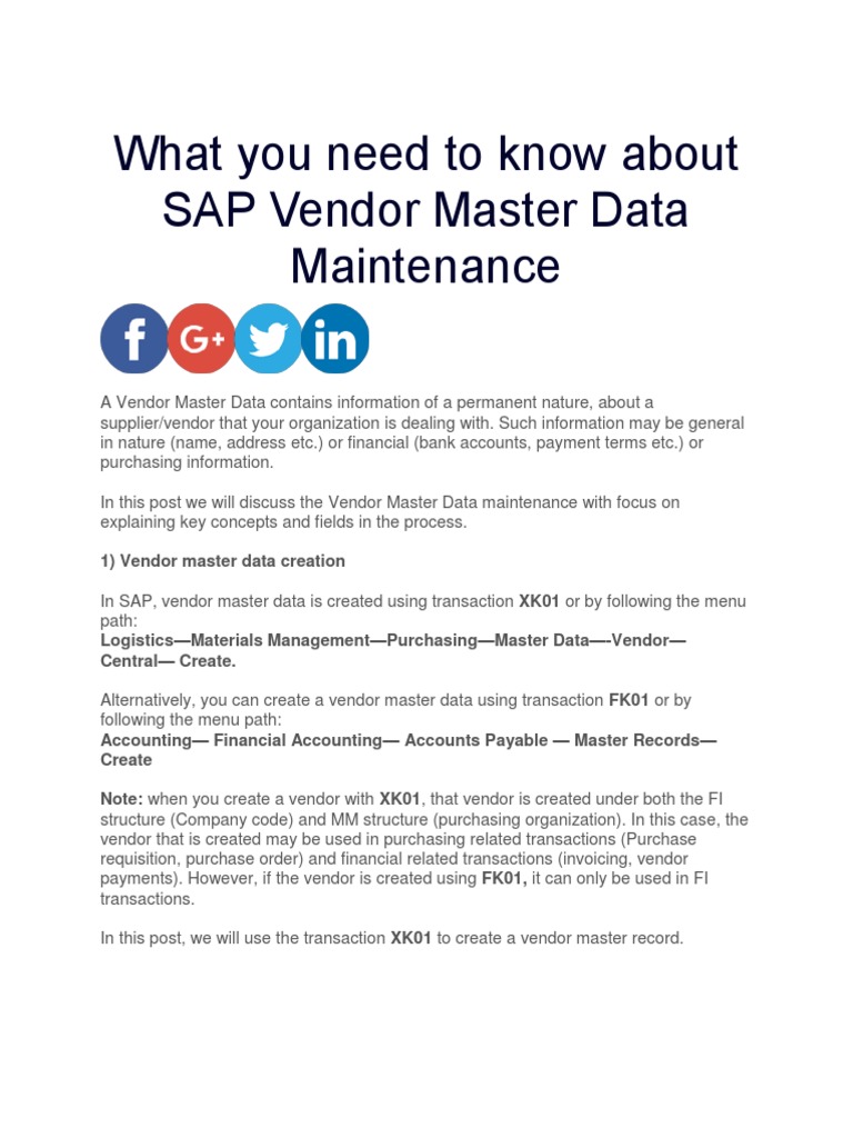 SAP Vendor Master Data Maintenance Guide | PDF | Payments | Accounts ...