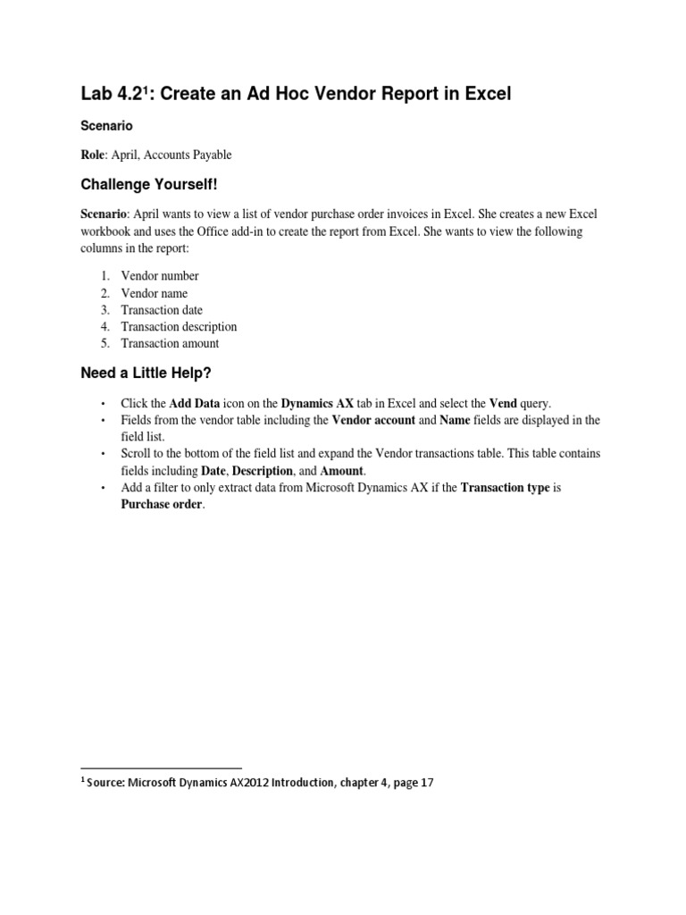 Lab 4.2: Create An Ad Hoc Vendor Report in Excel: Challenge Yourself ...