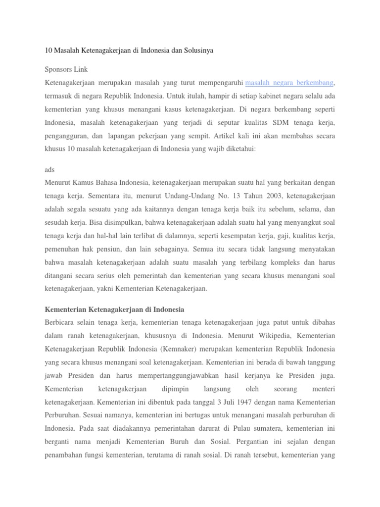 10 Masalah Ketenagakerjaan Di Indonesia Dan Solusinya Docx