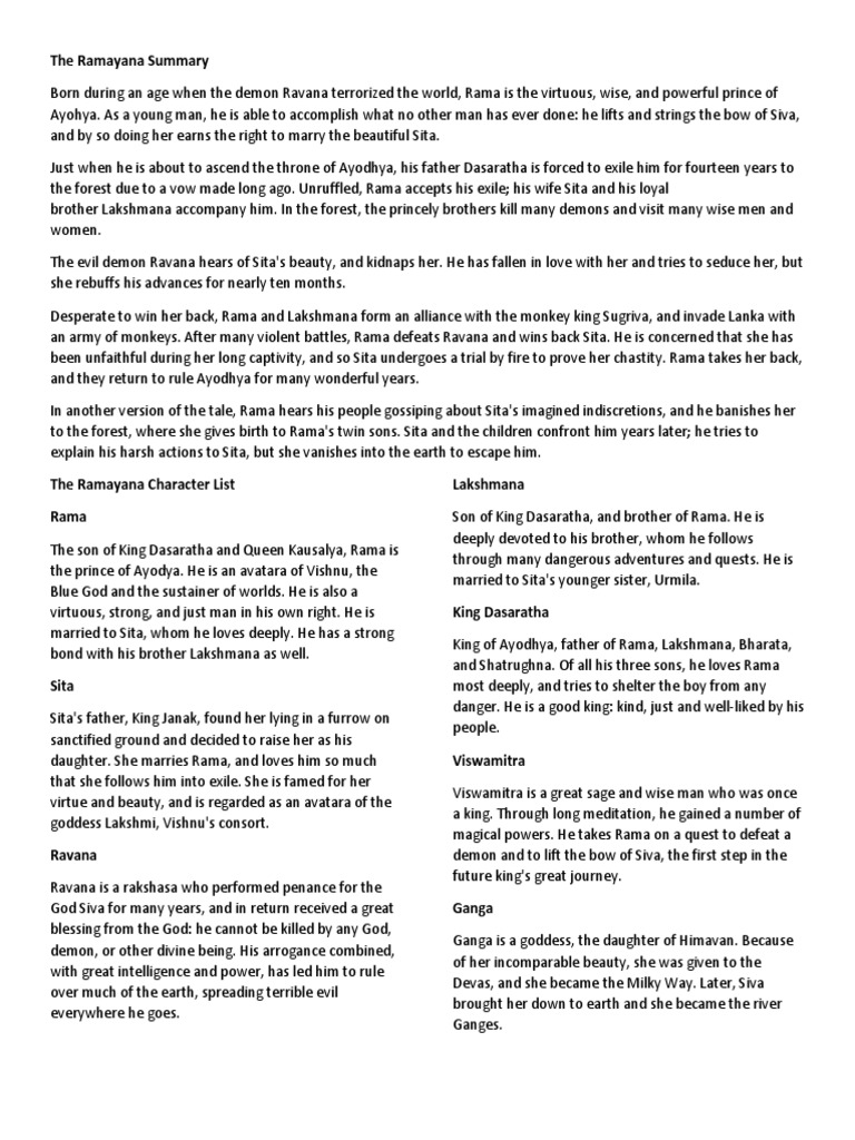 The Ramayana Summary PDF Sita Rama