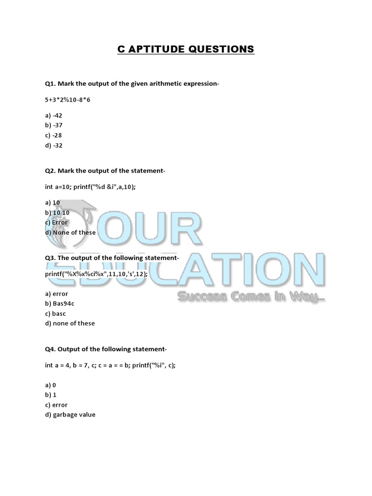 C Aptitude Test Questions and Answers | PDF | C (Programming Language ...