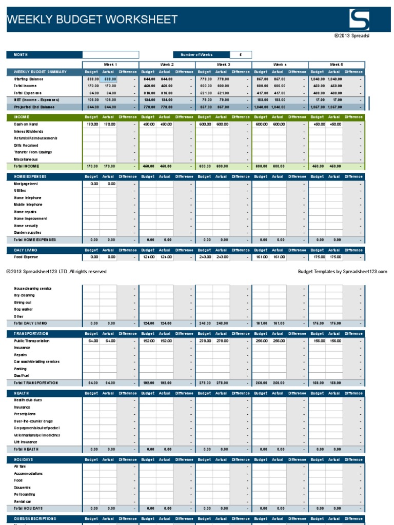 Weekly Budget Worksheet: © 2013 Spreadsheet123 LTD All Rights Reserved ...