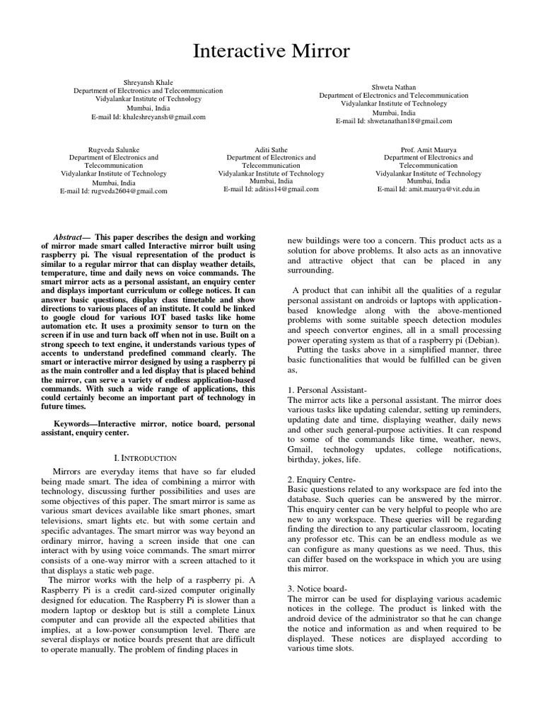 Interactive Mirror Pdf Computer Monitor Raspberry Pi