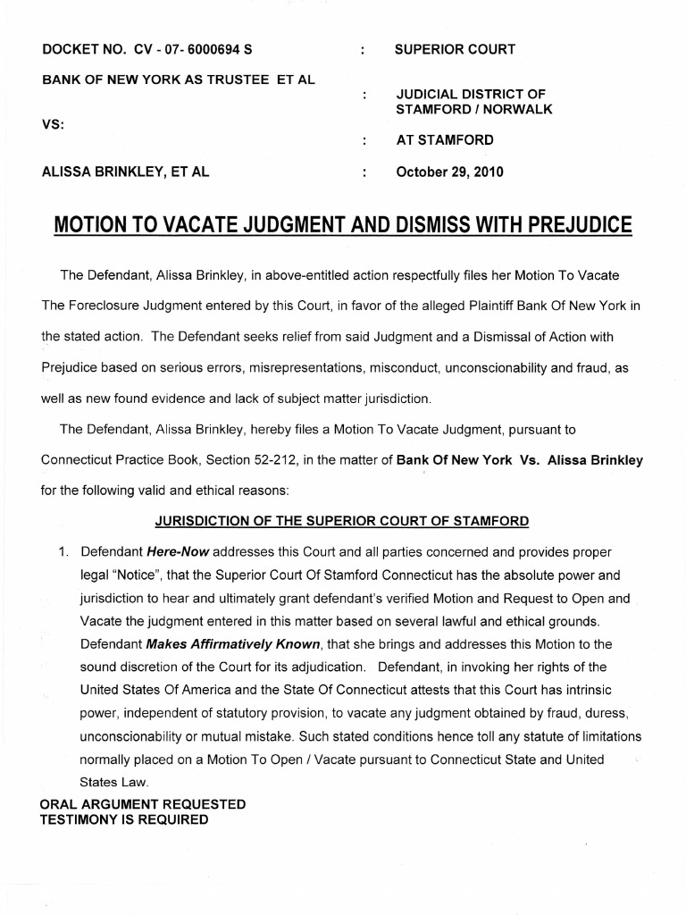 Motion To Vacate Judgment Sample Letter