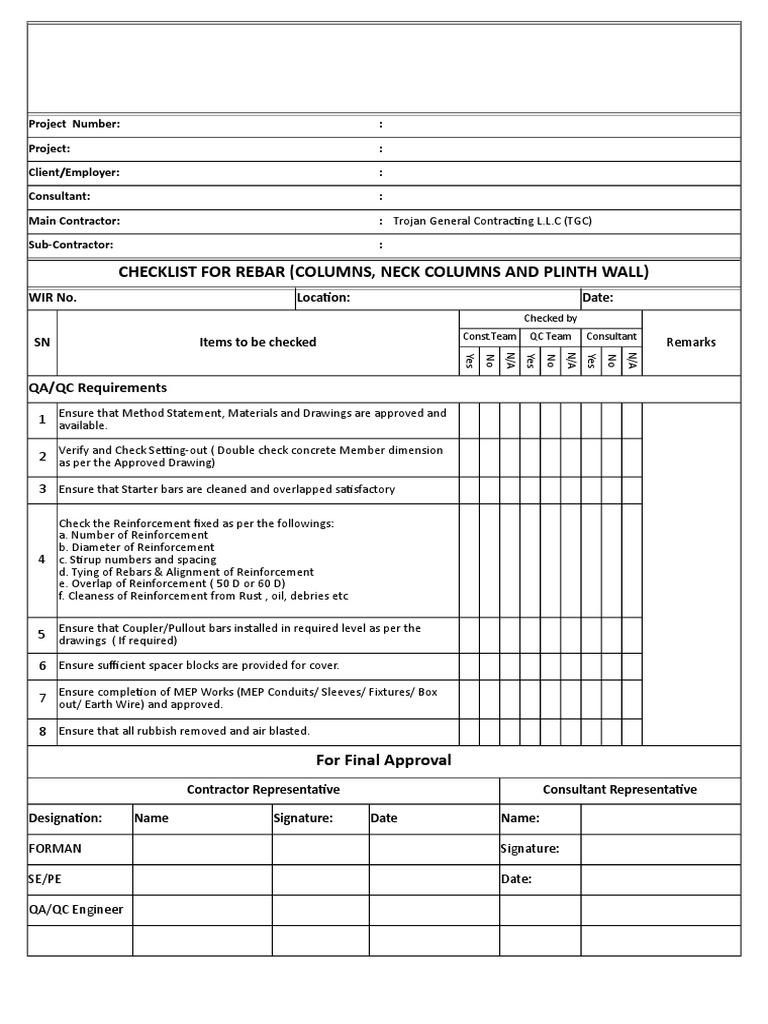Checklist For Rebar PDF Composite Material Building