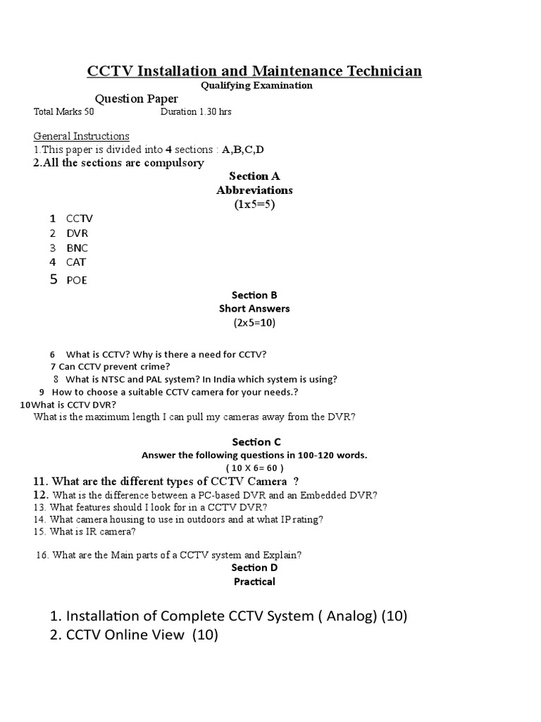 CCTV Installation Exam Question Paper | PDF | Closed Circuit Television ...