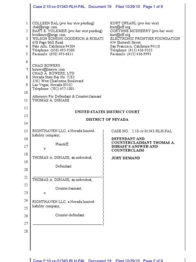 DiBiase Answer and Counterclaim | PDF | Derivative Work | Complaint