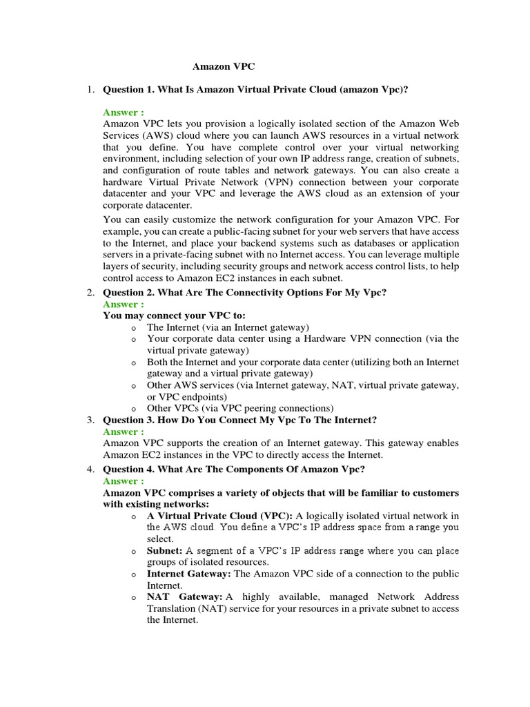 Amazon VPC Interview Questions PDF Ip Address Virtual Private Network