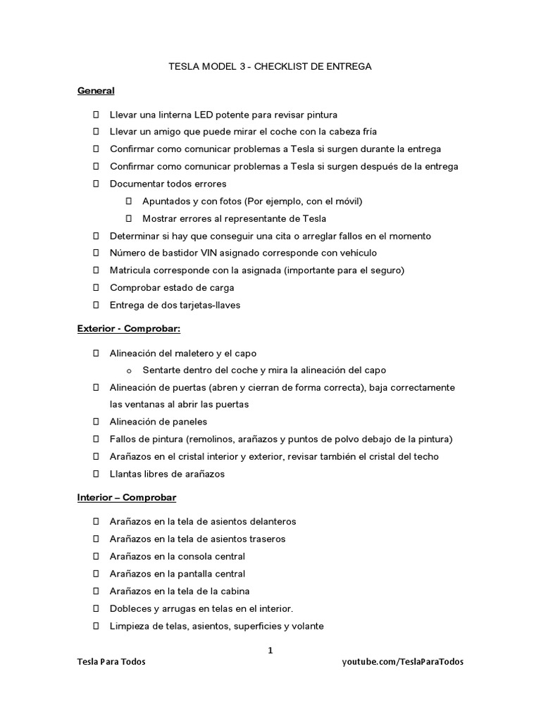 Checklist de Entrega Tesla Model 3 | PDF | Coche | Fabricantes de ...