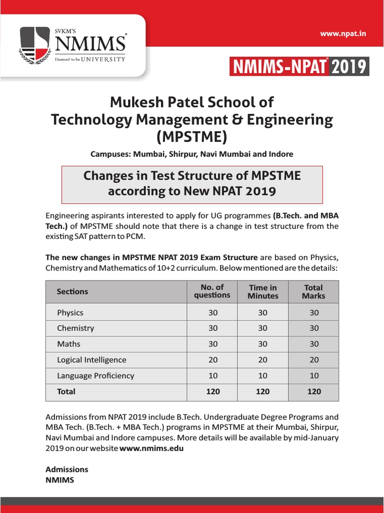 MPSTME NPAT 2019 Test Structure Update | PDF