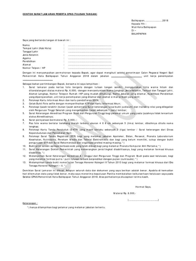 Contoh Surat Lamaran Cpns Untuk Walikota Balikpapan ...