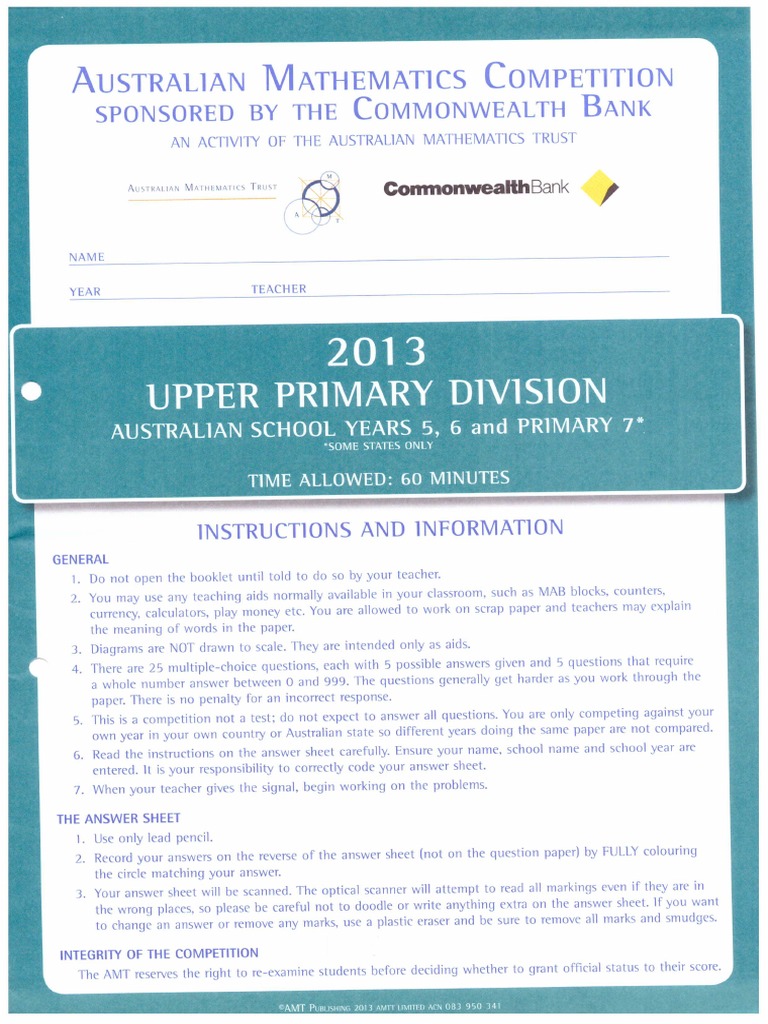 Australian Mathematics Competition 2013 Paper Upper Primary | PDF