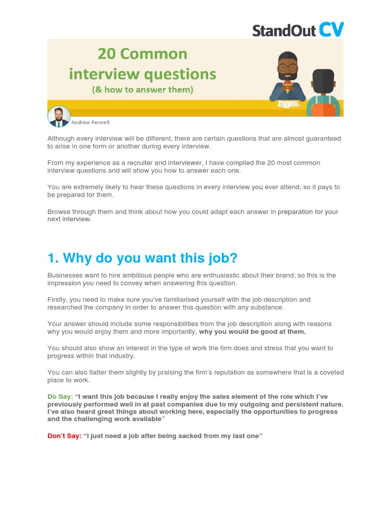 20 Essential Interview Questions and How To Answer + 5 To Ask | PDF ...