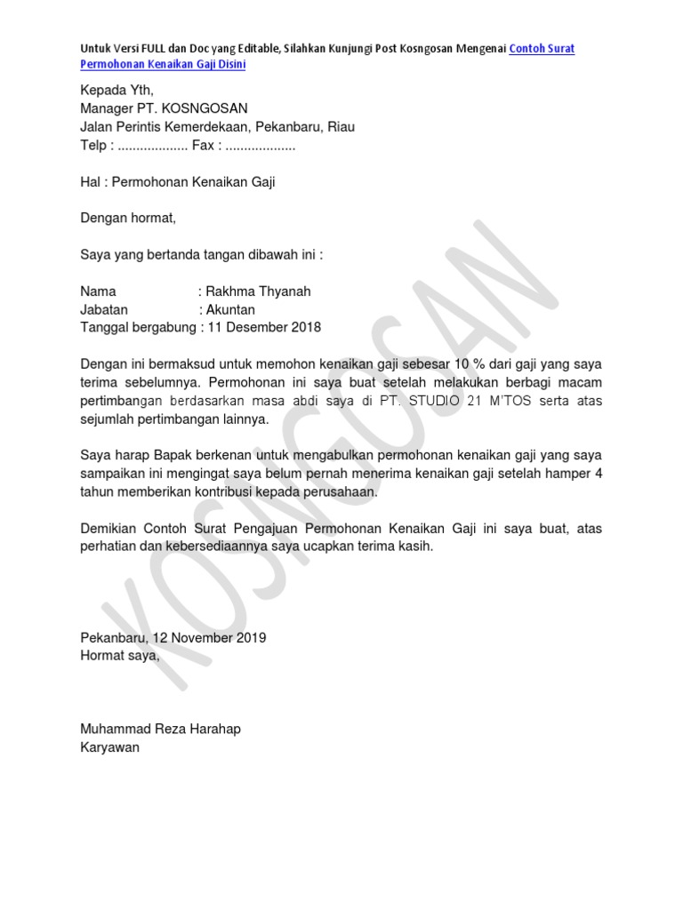 Contoh Surat Permohonan Kenaikan Gaji Dari Majikan