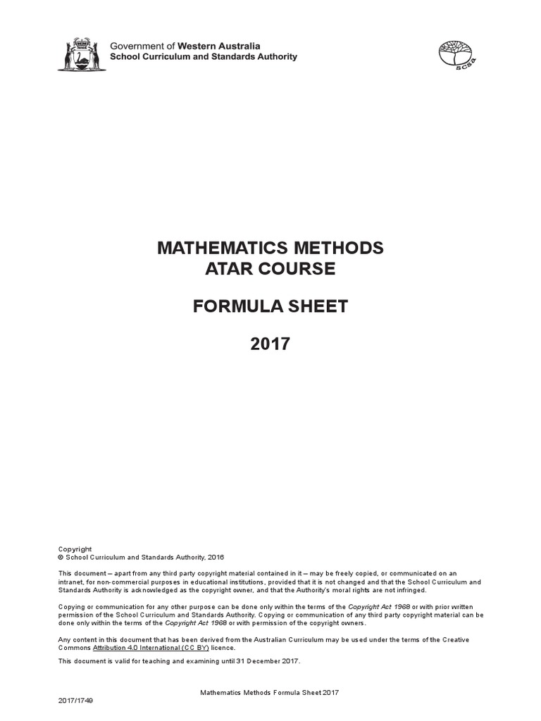 Mathematics Methods Formula Sheet 2017 | PDF | Expected Value | Variance
