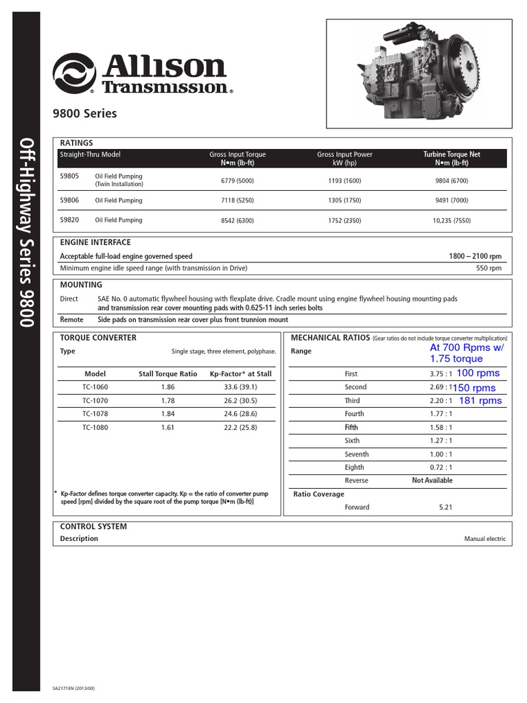 Allison 9800 Gear Ratios PDF Transmission (Mechanics) Wheeled