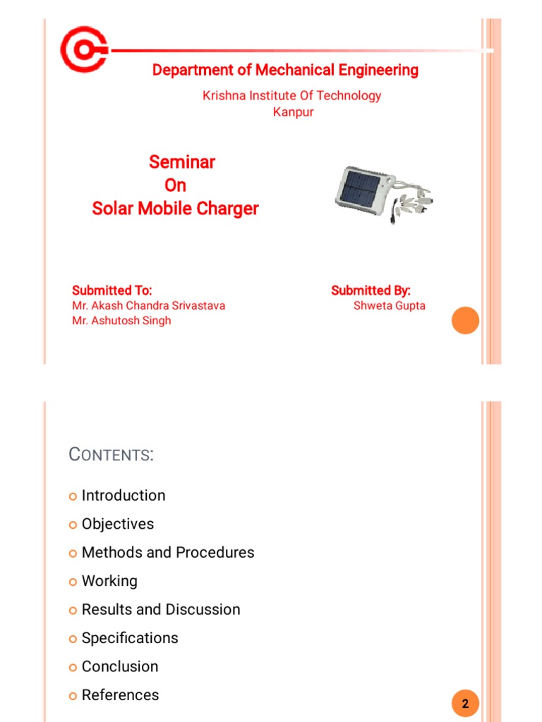 Seminar On Solar Mobile Charger Department of Mechanical Engineering