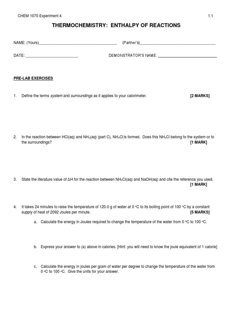 Thermochemistry Enthalpy of Reactions PreLab Exercises PDF