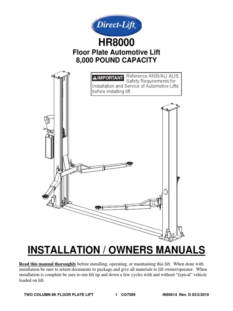 HR8000 Two-Post Lift Manual | PDF | Elevator | Nut (Hardware)