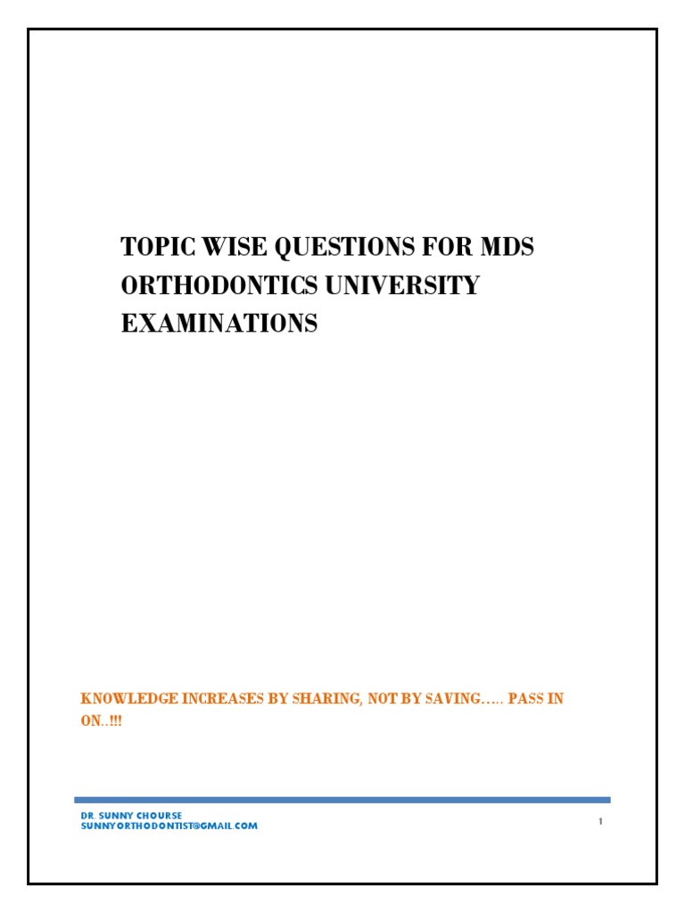 Topic Wise Questions For MDS Orthodontics University Examinations PDF