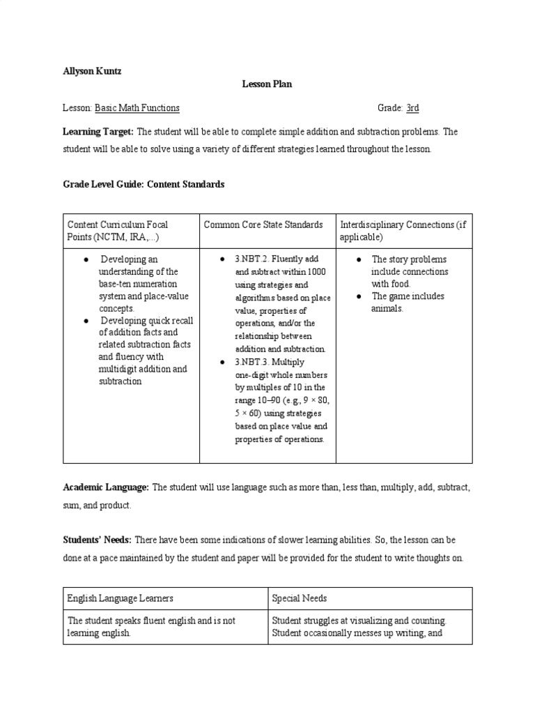 Basic Math Functions Lesson Plan | PDF | Educational Assessment | Question